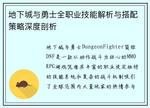 地下城与勇士全职业技能解析与搭配策略深度剖析